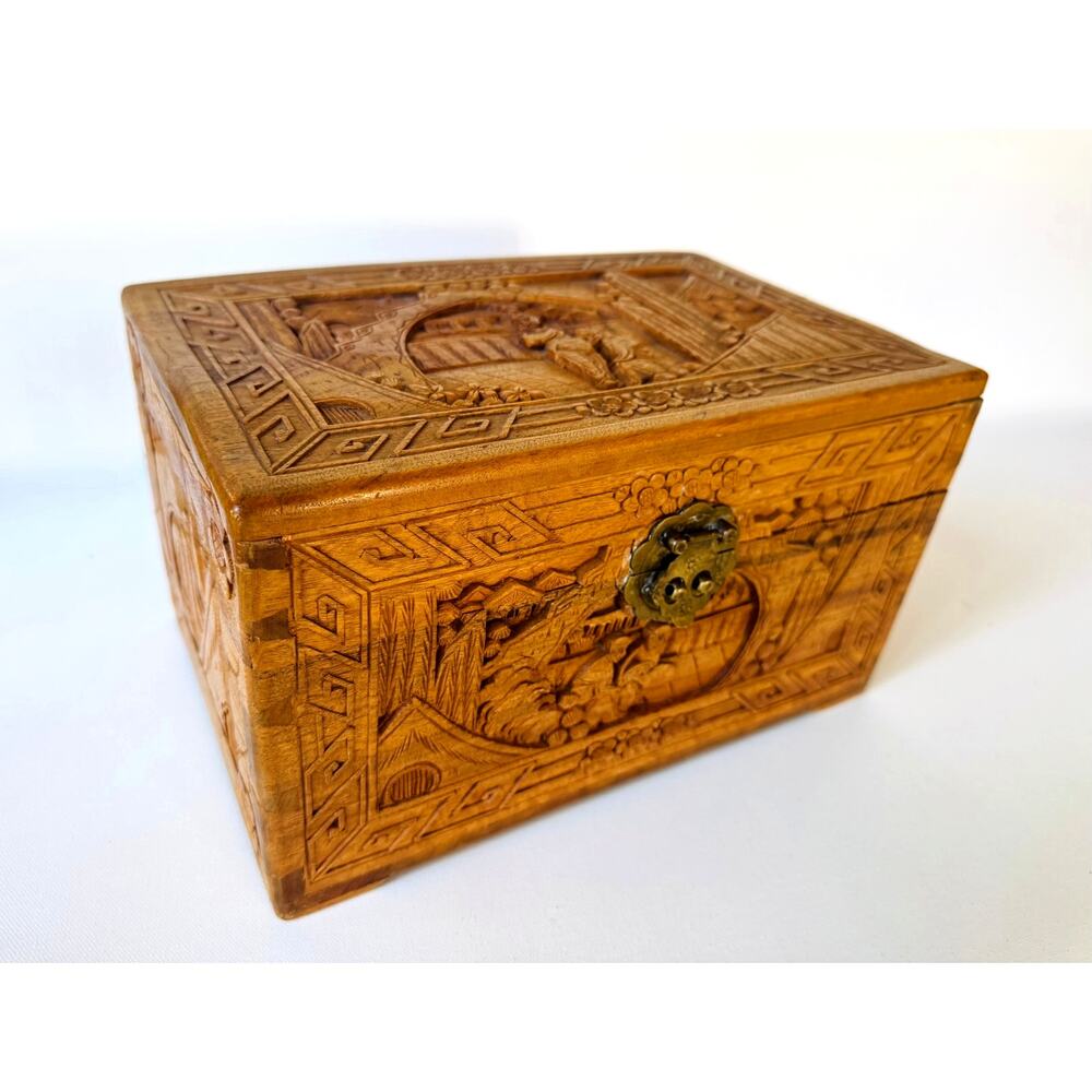 Vintage Chinese Hand Carved Hardwood Jewelry Box Scenic Relief Brass Lock